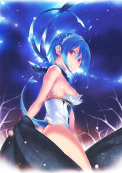 Rule 34 | 1girl, ahoge, ass, bare shoulders, blue hair, bottomless, breasts, bustier, from behind, from below, headdress, looking back, nanakusa, night, night sky, parted lips, purple eyes, scarf, short hair, sideboob, sky, snowing, solo, star (sky), starry sky, tail