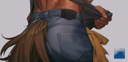 Rule 34 | 1boy, alternate costume, arknights, ass, ass focus, bara, body hair, chain, close-up, clothes lift, cow boy, cow tail, denim, from behind, jeans, lifting own clothes, likaou, male focus, matterhorn (arknights), pants, scar, scar on back, shirt lift, simple background, solo, tail
