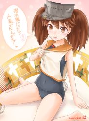 Rule 34 | 1girl, arm support, bare legs, bare shoulders, black one-piece swimsuit, blouse, blush, brown eyes, brown hair, cosplay, covered navel, entershell, i-401 (kancolle), i-401 (kancolle) (cosplay), kantai collection, magatama, one-piece swimsuit, open mouth, ryuujou (kancolle), sailor collar, school swimsuit, shirt, sitting, sleeveless, sleeveless shirt, solo, swimsuit, swimsuit under clothes, translation request, twintails, twitter username, visor cap, wariza, white shirt