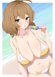 Rule 34 | 1girl, ahoge, alternate costume, anis (nikke), beach, bikini, blush, breasts, brown eyes, brown hair, commission, day, goddess of victory: nikke, hair between eyes, highres, holding, large breasts, multicolored bikini, multicolored clothes, navel, ocean, sand, short hair, skindentation, solo, swimsuit, thigh gap, tongue, tongue out, white bikini, yellow bikini, zhyseven