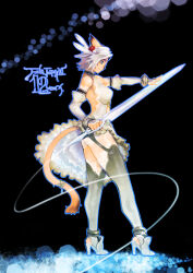 Rule 34 | 1girl, adventurer (ff11), animal ears, anklet, bare shoulders, black background, blue eyes, blue outline, bracelet, breasts, bridal gauntlets, cat ears, cat girl, cat tail, closed mouth, copyright name, doraeshi, dress, facial mark, feather hair ornament, feathers, final fantasy, final fantasy xi, flower, gradient clothes, gradient legwear, hair ornament, halter dress, halterneck, high heels, highres, holding, holding sword, holding weapon, jewelry, legs apart, medium breasts, mithra (ff11), outline, red flower, short hair, solo, standing, sword, tail, tail ornament, tail ring, thighhighs, weapon, whisker markings, white bridal gauntlets, white dress, white feathers, white hair
