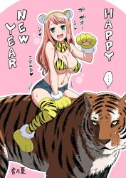 Rule 34 | ..., 1girl, animal ears, animal hands, animal print, bikini, bikini top only, blue shorts, breasts, cleavage, denim, denim shorts, english text, fake animal ears, fang, gloves, green eyes, halterneck, happy new year, heart, large breasts, long hair, looking at viewer, marugoshi teppei, micro shorts, motion lines, navel, new year, on animal, open mouth, original, outline, paw gloves, paw shoes, pink background, pink hair, print bikini, print scarf, print thighhighs, riding, saliva, scarf, shorts, smile, solo, spoken ellipsis, sweat, sweatdrop, swimsuit, thighhighs, tiger, tiger ears, tiger print, translated, uncommon stimulation, white outline, yellow bikini, yellow footwear, yellow gloves, yellow scarf, yellow thighhighs