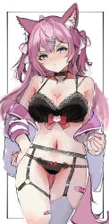 1girl absurdres animal_ears antenna_hair bandaid bandaid_on_leg black_bra black_choker black_panties blush bra breasts choker cleavage grey_hair hakui_koyori highres hololive lace lace-trimmed_bra lace-trimmed_panties lace_trim large_breasts long_hair looking_at_viewer panties pink_hair single_thighhigh solo tail tazrn1 thighhighs underwear virtual_youtuber white_thighhighs wolf_ears wolf_girl wolf_tail