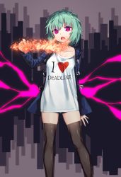 Rule 34 | 1girl, arm behind back, black background, black jacket, black thighhighs, breasts, clothes writing, collarbone, commentary request, feet out of frame, green hair, grey background, hand up, heart, heart on chest, highres, holding, jacket, legs apart, long sleeves, looking at viewer, lower teeth only, medium breasts, multicolored background, open clothes, open jacket, open mouth, original, overlord (overlord80000), pink eyes, purple eyes, shirt, short hair, simple background, solo, standing, teeth, thighhighs, upper teeth only, white shirt, zettai ryouiki
