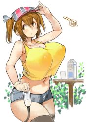 Rule 34 | 1girl, black thighhighs, blush, borrowed character, breasts, brown eyes, brown hair, character request, cleavage, collarbone, covered erect nipples, cup, drinking glass, gloves, hat tip, huge breasts, leaf, midriff, milk, milk carton, milking machine, navel, original, sachito, short hair, short shorts, shorts, simple background, solo, table, tank top, thighhighs, twintails, visor cap, white background, white gloves