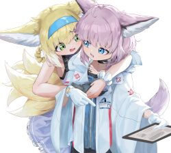 Rule 34 | 2girls, animal ear fluff, animal ears, arknights, bare arms, bare shoulders, black gloves, blonde hair, blue eyes, blue hairband, blue shirt, braid, braided hair rings, collarbone, commentary request, dress, eason870408, fox ears, fox girl, fox tail, frilled dress, frills, gloves, green eyes, hair between eyes, hair rings, hairband, highres, holding, jacket, kitsune, multiple girls, purple dress, purple hair, shirt, simple background, single glove, sleeveless, sleeveless dress, sussurro (arknights), suzuran (arknights), tablet pc, tail, white background, white gloves, white jacket