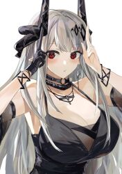 Rule 34 | 1girl, arknights, bare shoulders, black choker, black dress, blush, breasts, choker, cleavage, commentary request, detached sleeves, dress, earrings, grey hair, highres, horns, iwashi 80, jewelry, large breasts, long hair, looking at viewer, mudrock (arknights), mudrock (obsidian) (arknights), necklace, official alternate costume, parted lips, pointy ears, red eyes, sleeveless, sleeveless dress, solo, upper body, very long hair, white background