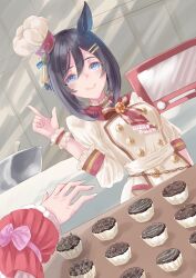 Rule 34 | 2girls, absurdres, animal ears, apron, black hair, blue eyes, blush, buttons, chef, chef hat, closed mouth, commentary request, cupcake, double-breasted, dress, eishin flash (collect chocolatier) (umamusume), eishin flash (umamusume), female pov, food, g tear, hair between eyes, hair ornament, hairclip, hat, highres, horse ears, index finger raised, indoors, kitchen, looking at viewer, multiple girls, neckerchief, official alternate costume, official alternate hairstyle, pov, pov hands, red neckerchief, short dress, sleeves past elbows, smile, solo focus, swept bangs, tilted headwear, umamusume, valentine, white apron, white dress, white headwear, wrist cuffs
