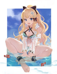 Rule 34 | 1girl, absurdres, anklet, aqua bikini, barefoot, bikini, black bow, blonde hair, blue eyes, blush, bow, breasts, clownfish, elf, feet, fish, flower, hair bow, hair flower, hair ornament, highres, jewelry, large breasts, layered bikini, long hair, looking at viewer, open mouth, pointy ears, ponytail, princess connect!, saren (princess connect!), saren (summer) (princess connect!), see-through, smile, solo, spread legs, swimsuit, toes, tsuiru