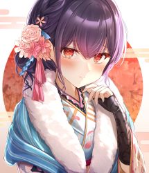 Rule 34 | 1girl, absurdres, blush, closed mouth, commentary request, flower, fur trim, hair between eyes, hair bun, hair flower, hair ornament, hand up, highres, idolmaster, idolmaster shiny colors, japanese clothes, kimono, looking at viewer, morino rinze, purple hair, red eyes, short hair, single hair bun, sky cappuccino, smile, solo, upper body