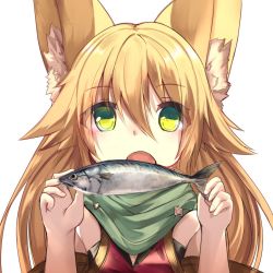 Rule 34 | 1girl, animal ears, blonde hair, commentary request, fish, fox ears, green eyes, green scarf, hair between eyes, hands up, holding, long hair, looking at viewer, open mouth, original, scarf, simple background, solo, upper body, white background, yoshizawa tsubaki