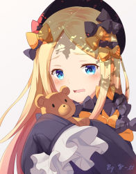 Rule 34 | 1girl, abigail williams (fate), absurdres, black bow, black dress, black hat, blonde hair, blue eyes, blush, bow, commentary, dress, fate/grand order, fate (series), forehead, grey background, hair bow, hat, head tilt, highres, hugging object, long hair, long sleeves, looking at viewer, open mouth, orange bow, parted bangs, shadow, simple background, sleeves past fingers, sleeves past wrists, solo, stuffed animal, stuffed toy, tears, teddy bear, very long hair, w-t, wavy mouth