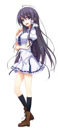 Rule 34 | 1girl, absurdres, black legwear, from side, full body, hand on own chest, highres, long hair, looking at viewer, mizuno rin, non-web source, open mouth, pleated skirt, purple eyes, reminiscence, school uniform, shoes, short sleeves, skirt, smile, solo, tomose shunsaku, transparent background, very long hair, white background