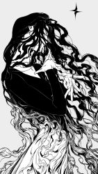 Rule 34 | 1508 1508, 1girl, absurdres, between fingers, breasts, commentary, covered eyes, english commentary, from side, greyscale, hand in own hair, highres, holding, long hair, long sleeves, messy hair, monochrome, simple background, solo, upper body, wavy hair