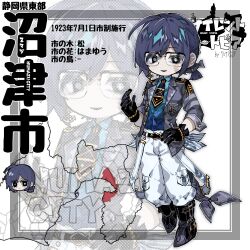 Rule 34 | 1boy, anchor earrings, aqua hair, bead bracelet, beads, belt, belt buckle, black belt, black eyes, black footwear, black gloves, black necktie, blue eyes, blue hair, blue shirt, boots, bracelet, buckle, buttoned cuffs, buttons, chibi, chibi inset, chibi only, coat, coattails, collared shirt, cross-shaped pupils, dark blue hair, earrings, facial mark, fish hair ornament, full body, glasses, gloves, gradient clothes, gradient shirt, grey coat, hair ornament, hand on own hip, hand up, island729, jewelry, long hair, looking at viewer, low ponytail, male focus, map, medium hair, military uniform, multicolored hair, naval uniform, necktie, numazu, open clothes, open coat, original, pants, parted lips, personification, print necktie, shark boy, shirt, shirt tucked in, single earring, sleeve cuffs, sleeves past elbows, smile, solo, standing, streaked hair, swept bangs, symbol-shaped pupils, themed object, two-tone eyes, uniform, white background, white pants, zoom layer