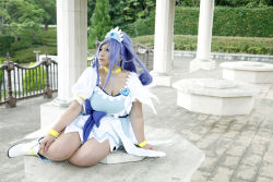 Rule 34 | 1girl, ankle boots, asian, blue eyes, blue hair, boots, bow, bracelet, breasts, choker, chouzuki maryou, cosplay, cure diamond, cure diamond (cosplay), dokidoki! precure, dress, headpiece, jewelry, large breasts, long hair, magical girl, matching hair/eyes, photo (medium), plump, ponytail, precure, puffy short sleeves, puffy sleeves, ribbon, short sleeves, solo, tiara