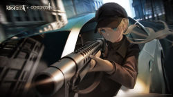 Rule 34 | 1girl, absurdres, artist request, black hat, blonde hair, blue eyes, blurry, blurry background, car, closed mouth, copyright name, crossover, dark-skinned female, dark skin, depth of field, expressionless, floating hair, girls&#039; frontline, guest character, guest fighter, gun, gunslinger girl, hat, highres, holding, holding weapon, jacket, long hair, long sleeves, looking at viewer, motion blur, motor vehicle, official art, outdoors, ponytail, pump action, shotgun, solo, tagme, triela, twintails, upper body, weapon, winchester model 1897