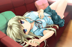 Rule 34 | 1girl, bare legs, barefoot, blonde hair, blue eyes, breasts, couch, dress shirt, female focus, hand on own chest, long hair, looking at viewer, lying, neck ribbon, on back, original, pillow, ribbon, ryoumoto ken, shirt, skirt, solo, striped clothes, striped shirt