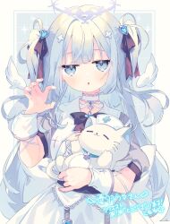 Rule 34 | 1girl, :o, angel wings, animal, apron, black bow, blue eyes, blue hair, blush, bow, cat, commission, dress, hair bow, hair ornament, halo, hand up, hat, heart, highres, holding, holding animal, indie virtual youtuber, jitome, komomo (2899), long hair, looking at viewer, mini wings, nurse cap, parted lips, puffy short sleeves, puffy sleeves, short sleeves, signature, skeb commission, solo, stuffed animal, stuffed cat, stuffed toy, two side up, very long hair, virtual youtuber, white apron, white cat, white dress, white wings, wings, wrist cuffs, yuha uyu