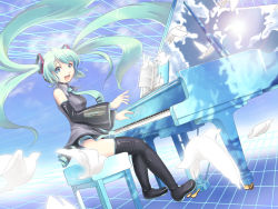 Rule 34 | 1girl, aqua hair, aqua nails, bird, day, grand piano, hatsune miku, headset, instrument, k2pudding, md5 mismatch, nail polish, necktie, panties, piano, piano bench, skirt, sky, solo, striped clothes, striped panties, thighhighs, underwear, vocaloid