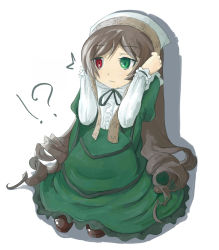 Rule 34 | !?, 00s, 1girl, ^^^, alternate hairstyle, brown hair, dress, drill hair, full body, green dress, green eyes, heterochromia, high heels, knees to chest, long hair, long sleeves, looking to the side, pumps, red eyes, rozen maiden, simple background, sitting, solo, straightchromia, suiseiseki, twin drills, very long hair, wavy mouth, white background