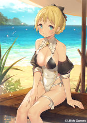 Rule 34 | 1girl, afk arena, bare shoulders, beach, beach umbrella, blonde hair, blue eyes, bow, braid, breasts, cleavage, day, detached sleeves, frills, hair bow, highleg, highleg swimsuit, large breasts, looking at viewer, ocean, one-piece swimsuit, outdoors, popqn, sitting, smile, solo, swimsuit, thigh strap, thighs, umbrella, water, white one-piece swimsuit