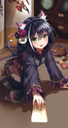 Rule 34 | 1girl, :3, absurdres, animal ear fluff, animal ears, black hair, black kimono, braid, cat ears, cat girl, eunip, fang, floral print, flower, frilled sleeves, frills, green eyes, hair flower, hair ornament, highres, indoors, japanese clothes, karyl (new year) (princess connect!), karyl (princess connect!), kimono, kneeling, long hair, long sleeves, looking at viewer, multicolored hair, open mouth, pov, princess connect!, sidelocks, solo, streaked hair