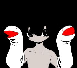 Rule 34 | 1boy, black background, black eyes, black hair, closed mouth, dark, hand puppet, highres, looking at viewer, male focus, nude, original, puppet, shima (wansyon144), simple background, solo, spot color