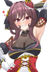 Rule 34 | 1girl, animal ears, armpits, breasts, brown hair, cleavage, ear covers, gentildonna (umamusume), gloves, hand on own hip, hand up, heart ear ornament, highres, horse ears, horse girl, medium breasts, red eyes, simple background, smile, solo, toshi04193211, umamusume, upper body, white gloves