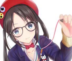 Rule 34 | 1girl, :3, beret, black-framed eyewear, blazer, blue eyes, blurry, blush, breasts, buttons, cleavage, collarbone, depth of field, earbuds, earphones, giving, glasses, hat, highres, holding, holding earphones, idolmaster, idolmaster shiny colors, jacket, long sleeves, mitsumine yuika, neck ribbon, red hat, ribbon, single earphone removed, so korokoro, solo, upper body, white background