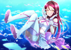 Rule 34 | 1girl, absurdres, blush, boots, breasts, bubble, earrings, fish, gloves, hair between eyes, hair ornament, half updo, highres, jewelry, long hair, looking at viewer, love live!, love live! sunshine!!, medium breasts, midriff, ocean, red hair, sakurauchi riko, sakutatsu, smile, solo, thigh boots, underwater, white gloves, yellow eyes