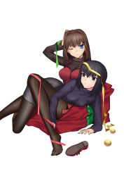 Rule 34 | 2girls, aozaki aoko, black eyes, black hair, black legwear, black sweater, blue eyes, box, breasts, brown hair, christmas ornaments, commentary, cqqz0707, dress, gift, gift box, grey skirt, hair between eyes, hair intakes, hand on own head, highres, kuonji alice, large breasts, long hair, long sleeves, looking at another, looking away, lying, lying on person, mahou tsukai no yoru, miniskirt, multiple girls, no shoes, one eye closed, pantyhose, red dress, unworn shoe, shoes, unworn shoes, short hair, simple background, sitting, skirt, small breasts, sweater, turtleneck, turtleneck sweater, white background