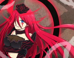 Rule 34 | 1girl, bare shoulders, bares, blue eyes, breasts, cardfight!! vanguard, cleavage, gloves, long hair, looking at viewer, red eyes, silver thorn dragon queen luquier reverse, solo, tattoo, thorns