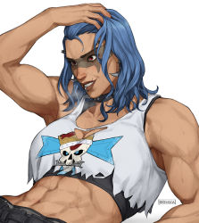 Rule 34 | 1girl, abs, arm support, arm up, artist name, bare arms, bare shoulders, biceps, blue eyes, breasts, breikka, cleavage, collar, collarbone, facial tattoo, grin, hand on own head, highres, junker queen (overwatch), large breasts, lip piercing, lips, long hair, lying, midriff, muscular, muscular female, on back, overwatch, overwatch 2, piercing, red eyes, red lips, scar, scar on face, simple background, smile, solo, spiked collar, spikes, sports bra, stomach, sweat, tan, tank top, tattoo, upper body, white background