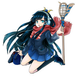 Rule 34 | 1girl, :o, bad id, bad pixiv id, bag, black hair, blue eyes, blue skirt, bow, contemporary, egyptian, full body, hairband, isis (p&amp;d), loafers, long hair, open mouth, pleated skirt, puzzle &amp; dragons, red scarf, rei (reins), scarf, school uniform, shoes, simple background, skirt, solo, very long hair, white background