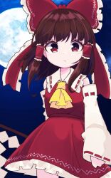 Rule 34 | 1girl, ascot, bow, brown hair, closed mouth, commentary request, cowboy shot, detached sleeves, frilled bow, frills, full moon, gohei, hair bow, hair tubes, hakurei reimu, light frown, long hair, long sleeves, looking at viewer, moon, night, outdoors, red bow, red eyes, red shirt, red skirt, ribbon-trimmed sleeves, ribbon trim, shide, shirt, skirt, solo, touhou, wide sleeves, wind, yamase, yellow ascot