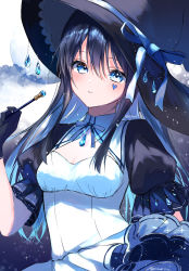 Rule 34 | 1girl, absurdres, black gloves, black hair, black hat, black sleeves, blue eyes, blue hair, blue ribbon, blush, breasts, cleavage, colored inner hair, dress, gloves, hair between eyes, hat, hat ribbon, highres, holding, holding wand, layered dress, long hair, medium breasts, multicolored hair, nolma7, original, parted lips, ribbon, solo, standing, twitter username, two-tone hair, very long hair, wand, white dress, witch, witch hat