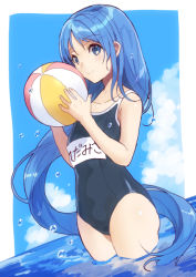 Rule 34 | 1girl, alternate costume, ball, bare arms, bare legs, bare shoulders, beachball, black one-piece swimsuit, blue eyes, blue hair, blue one-piece swimsuit, blue sky, cloud, collarbone, commentary request, commission, competition school swimsuit, cowboy shot, day, flat chest, gradient hair, holding, holding ball, kantai collection, long hair, looking at viewer, mitsuyo (mituyo324), multicolored hair, name tag, one-piece swimsuit, outdoors, samidare (kancolle), school swimsuit, sky, smile, soaking feet, solo, standing, swept bangs, swimsuit, very long hair, wading, water