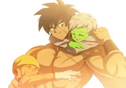Rule 34 | 1girl, 2boys, :d, ^ ^, arms around neck, black eyes, black hair, broly (dragon ball super), cheelai, closed eyes, commentary request, dragon ball, dragon ball super, dragon ball super broly, closed eyes, gloves, hand on another&#039;s shoulder, hat, hug, korean commentary, lemo (dragon ball), libeuo (liveolivel), looking at another, multiple boys, muscular, open mouth, scar, shaded face, topless male, short hair, simple background, smile, sunlight, upper body, white background, white gloves, white hair, wristband