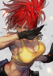Rule 34 | 1girl, bare shoulders, black gloves, breasts, cargo pants, cleavage, crop top, dog tags, earrings, fighting stance, gloves, grey background, high ponytail, hungry clicker, jewelry, large breasts, leona heidern, looking to the side, muscular, muscular female, necklace, pants, red eyes, red hair, snk, solo, tank top, the king of fighters, triangle earrings, yellow tank top