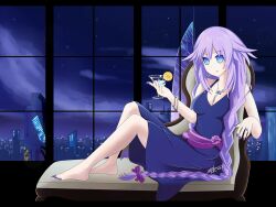 Rule 34 | 1girl, artist request, barefoot, blue eyes, braid, dress, drink, earrings, feet, food, hair ornament, highres, indoors, jewelry, long hair, nail polish, necklace, neptune (neptunia), neptune (series), night, no shoes, power symbol-shaped pupils, purple hair, purple heart (neptunia), ring, symbol-shaped pupils, toenail polish, toenails, toes, twin braids