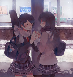 Rule 34 | 2girls, bad id, bad pixiv id, bag, bench, black hair, black legwear, blazer, blush, breath, brown eyes, brown hair, buttons, coat, drawing (object), gyoe, holding hands, jacket, charm (object), long hair, looking at another, multiple girls, necktie, open mouth, original, pantyhose, plaid, plaid skirt, pocket, pole, scarf, school bag, school uniform, short hair, shoulder bag, skirt, smile, snow, standing, trash can, winter clothes, winter coat