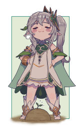 Rule 34 | 1girl, absurdres, bloomers, blush, bracelet, cape, child, closed eyes, commentary, detached sleeves, dress, frank lee (dfgh132), genshin impact, green cape, grey hair, hair ornament, hands on own hips, highres, jewelry, leaf hair ornament, long hair, nahida (genshin impact), pointy ears, side ponytail, smile, solo, toeless footwear, underwear, white bloomers, white dress, white footwear