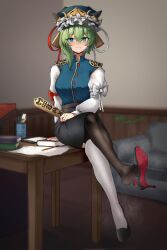 Rule 34 | 1girl, absurdres, academic test, black footwear, black skirt, black thighhighs, blue eyes, blue hat, blue vest, blush, book, bow, breasts, buttons, closed mouth, colored shoe soles, couch, crossed legs, epaulettes, feet, frilled hat, frills, gold, green hair, hakurei fling, hat, high heels, highres, holding, juliet sleeves, legs, long sleeves, looking at viewer, medium breasts, medium hair, paper, pencil, pencil skirt, puffy sleeves, red bow, red ribbon, ribbon, rod of remorse, ruler, scissors, shiki eiki, shirt, shoe dangle, sitting, sitting on table, skirt, soles, solo, steaming body, table, thighhighs, touhou, vest, white bow, white ribbon, white shirt, white thighhighs