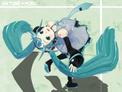 Rule 34 | 1girl, 3d, aqua eyes, aqua hair, arched back, bare shoulders, character name, detached sleeves, fingerless gloves, from above, gloves, hatsune miku, headset, highres, isao (witch craft), long hair, necktie, open mouth, outstretched arm, shadow, skirt, smile, solo, thighhighs, twintails, very long hair, vocaloid, wallpaper
