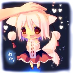 Rule 34 | 1girl, animal ears, blush, chibi, chocolat (momoiro piano), detached sleeves, female focus, frilled skirt, frills, hand on another&#039;s head, head pat, headpat, heart, inubashiri momiji, open mouth, print skirt, red eyes, red skirt, shirt, silver hair, skirt, smile, solo focus, tail, tail wagging, touhou, wolf ears, wolf tail