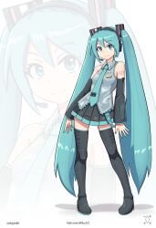 Rule 34 | aqua eyes, aqua hair, aqua nails, aqua necktie, artist logo, bare shoulders, black skirt, black sleeves, black thighhighs, character name, commentary, contrapposto, detached sleeves, digiral, english commentary, full body, grey shirt, hair ornament, hatsune miku, headphones, headset, highres, long hair, miniskirt, nail polish, necktie, pigeon-toed, pleated skirt, shirt, shoulder tattoo, skirt, sleeveless, sleeveless shirt, smile, standing, tattoo, thighhighs, twintails, twitter username, very long hair, vocaloid, vocaloid boxart pose, white background, zettai ryouiki, zoom layer