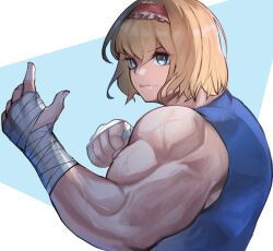 Rule 34 | 1girl, absurdres, alice margatroid, biceps, blonde hair, blue background, blue eyes, blue shirt, clenched hand, closed mouth, commentary request, cookie (touhou), frilled hairband, frills, hair between eyes, hairband, highres, muscular, muscular female, okasan01, red hairband, sakuranbou (cookie), shirt, short hair, sleeveless, sleeveless shirt, solo, touhou, two-tone background, upper body, v-shaped eyebrows, white background, wrist wrap