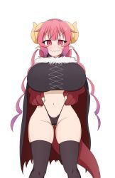 Rule 34 | 1girl, absurdres, black thighhighs, blush, breasts, cameltoe, covered erect nipples, dragon girl, dragon horns, dragon tail, facing viewer, gradient hair, highres, horns, huge breasts, ilulu (maidragon), kobayashi-san chi no maidragon, long hair, looking at viewer, multicolored hair, panties, panty pull, pink eyes, pink hair, pointy ears, purple hair, simple background, solo, standing, tail, thighhighs, underwear, white background, wide hips