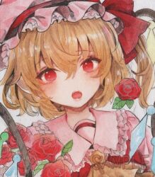 Rule 34 | 1girl, ascot, blonde hair, crystal, flandre scarlet, flower, hat, hat ribbon, mob cap, monji (monzi328), multicolored wings, one side up, open mouth, puffy short sleeves, puffy sleeves, red eyes, red skirt, red vest, ribbon, short sleeves, side ponytail, skirt, skirt set, solo, touhou, traditional media, upper body, vest, watermark, white hat, wings, yellow ascot